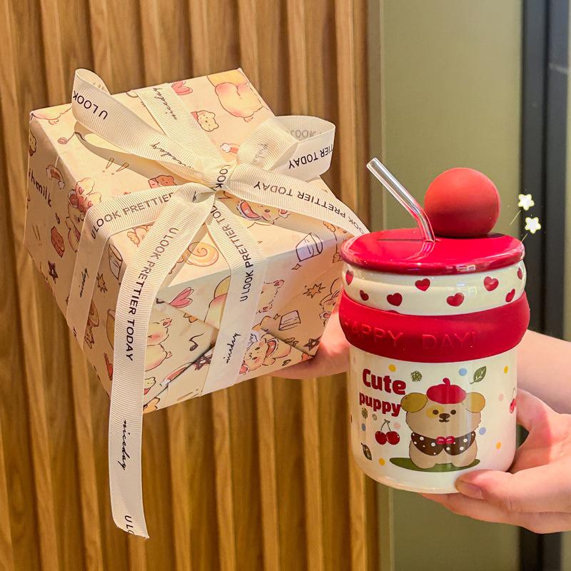 Graduation Gift for Boys and Girls, High-value Mug, Cute Puppy Straw Cup, Children's Practical Souvenir Gift Box