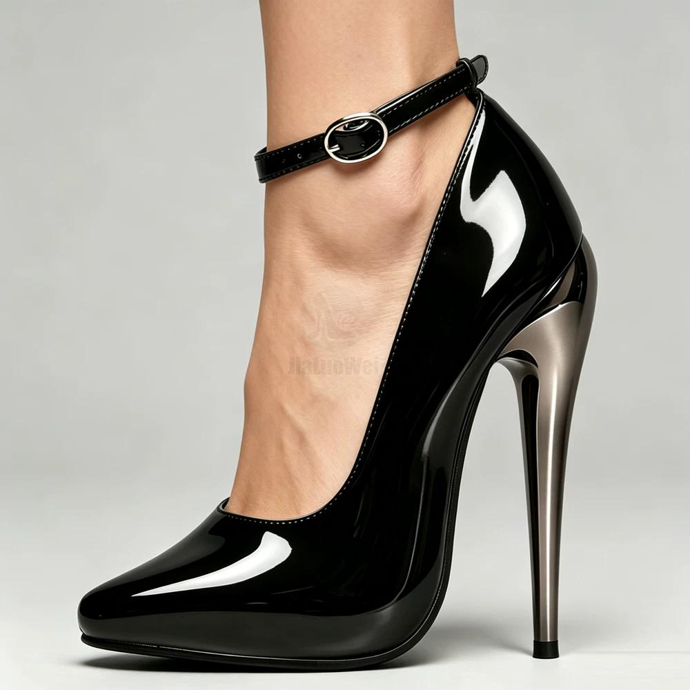 Schwarze Lackleder Knöchelriemen Fetisch Pumps 15cm Hoher Absatz Drag Queen Schuhe Größe 5-15
