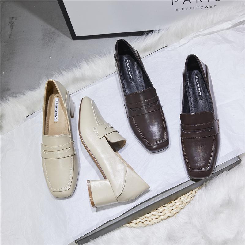 

Thick Heel Shoes Women S New British Style Uniform High Heels Square Toe Black All -Match Small Leather Shoes Loafers