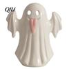 Decorative Ghost Sculpture Light Up Ceramic Figurines for Halloween Decor, Cute White Statue Gift Party with Pink Tongue, LED Night Home Table Office