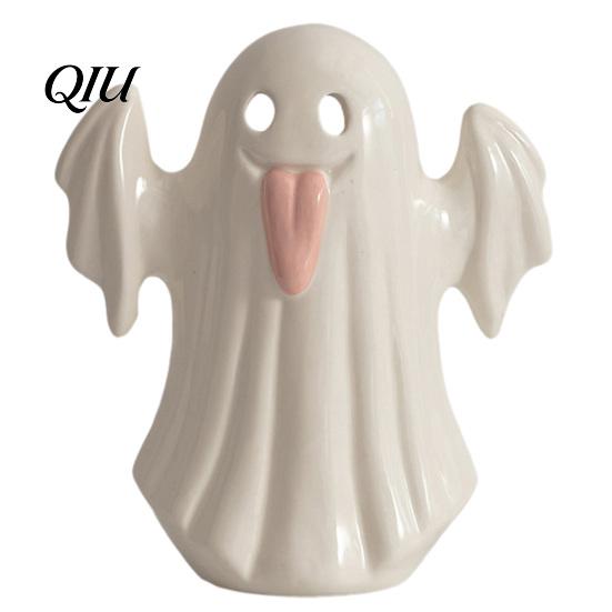 Decorative Ghost Sculpture Light Up Ceramic Figurines for Halloween Decor, Cute White Statue Gift Party with Pink Tongue, LED Night Home Table Office