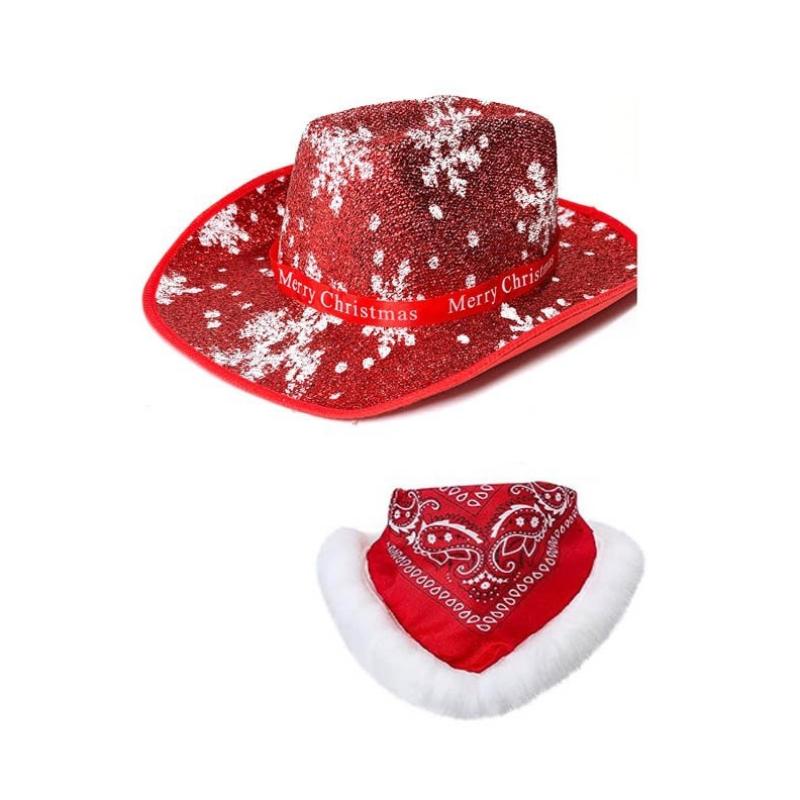 Fashion Santa Claus Party Christmas Luminous Cowboy Hat Western Red Felt Hats Wide Brim Cowgirl Hat Jazz Hat For Women Men