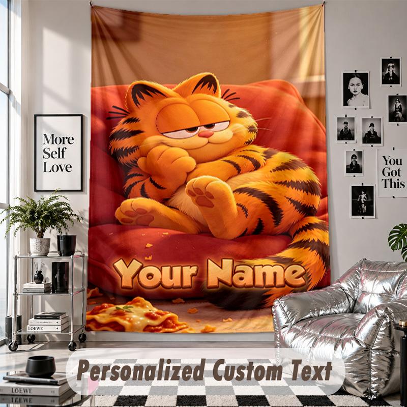 Wall Hanging Tapestry With Custom Name & Text, Garfield Decorative Tapestry For Bedroom