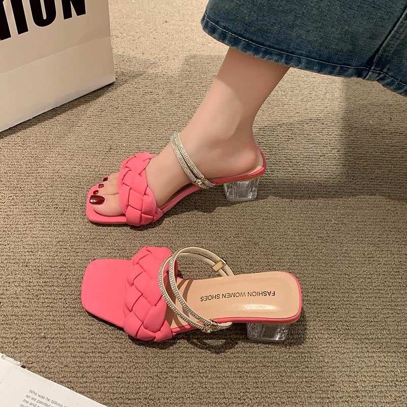 

Fashion Square Low Heel Woman Sandals 2024 Summer Weave Designer Open Toe Fashion Mid Heels Leather Casual Outside Lady Beach Shoes 35