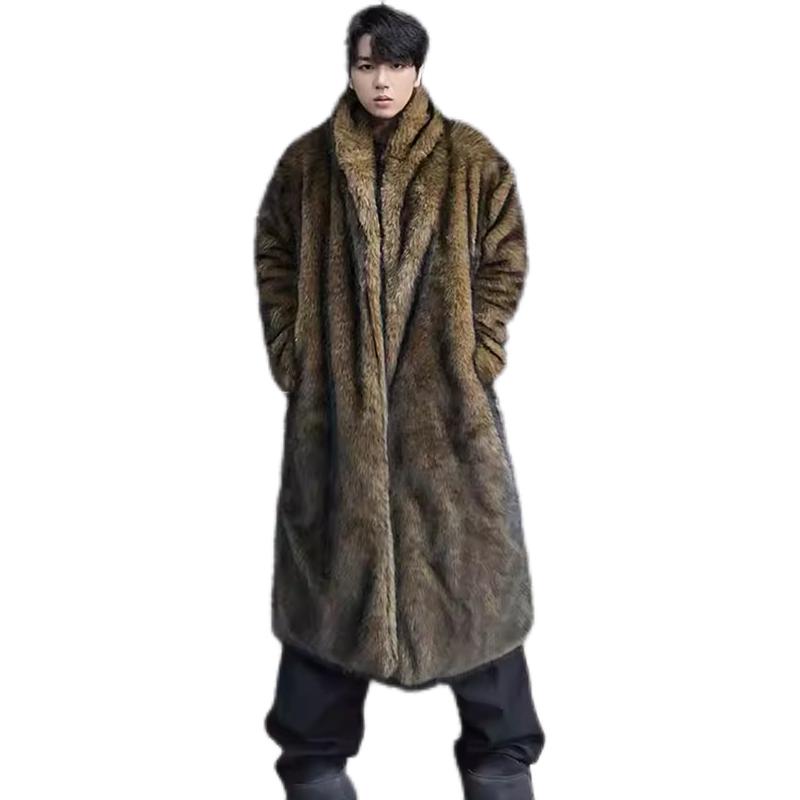 Men's Fur Coat, Wolf Fur, Fox Fur, Lapel Long Overcoat, Winter Windproof and Warm Windbreaker, Large Size