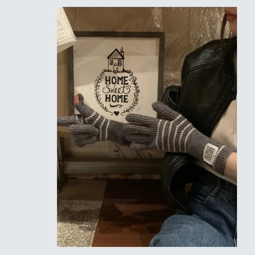Striped Lengthen and Thicken Solid Color Gloves Cute Simple Long Warm Gloves Touch Screen Cycling Warm Gloves