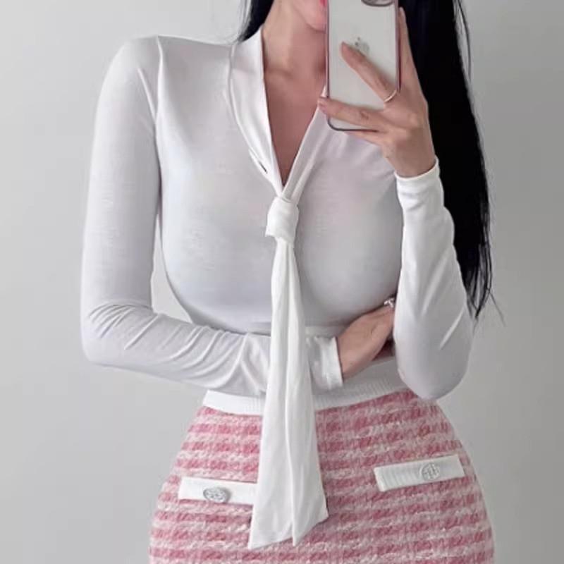 

Korean Dongdaemun Style Women s Butterfly Tie Long-Sleeve T-Shirt One Size білий