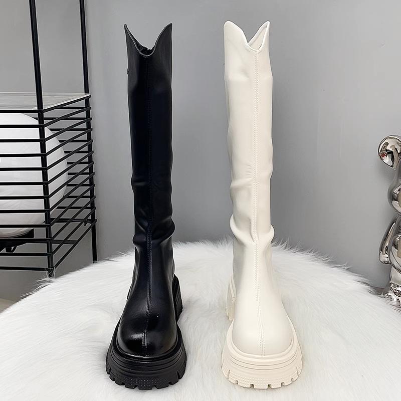 Quality Long Women Boots Flats Platform Knee High Leather Shoes Chelsea High Boots New Goth Trend Walking Fashion Mujer De Botas