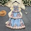 French Romantic Style Blue Floral Spaghetti-Strap Long Dress for Women Summer Korean-Style Tiered Slimming VacationBeach Dress