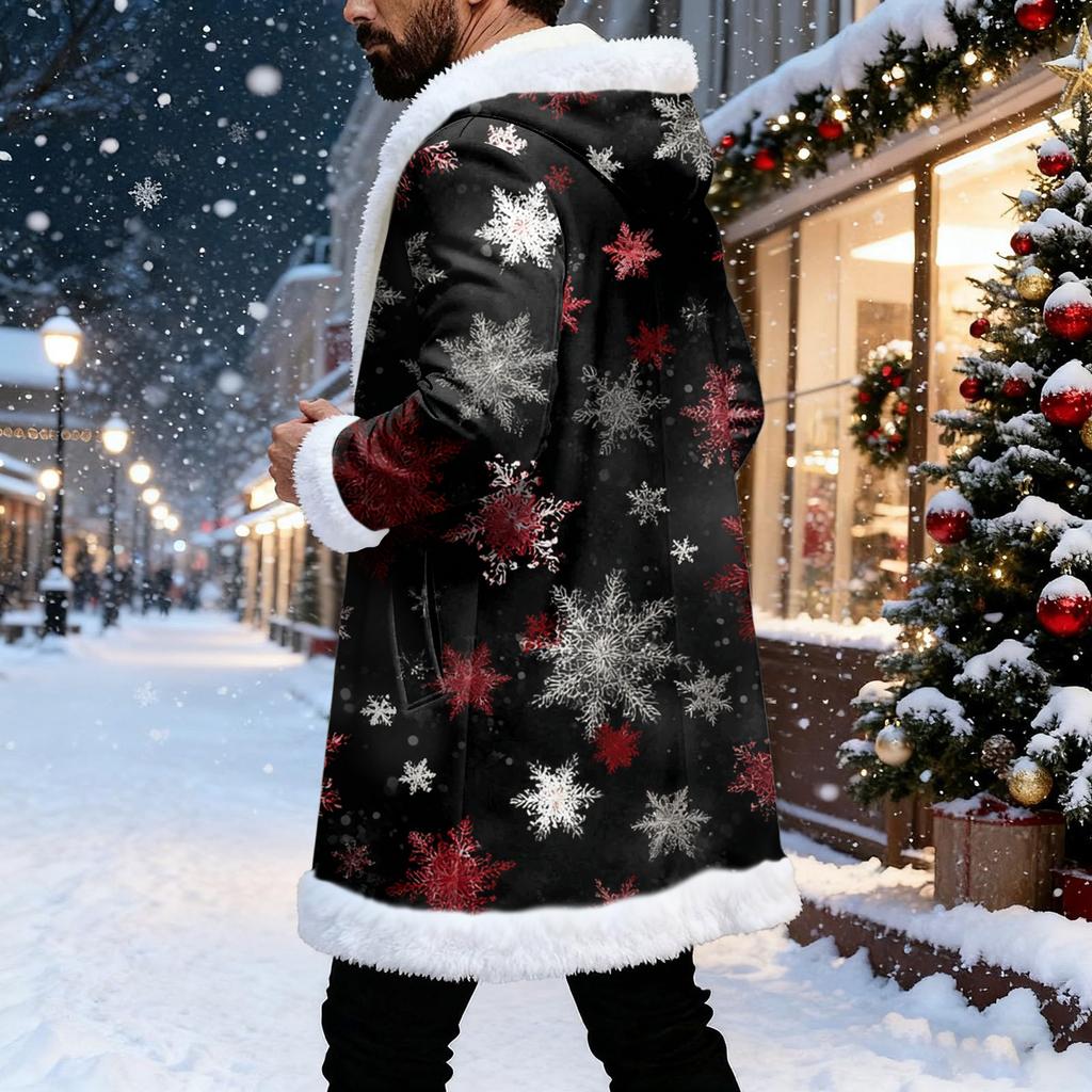 Men's Christmas Long Hooded Cardigan With Pockets Warm Jacket