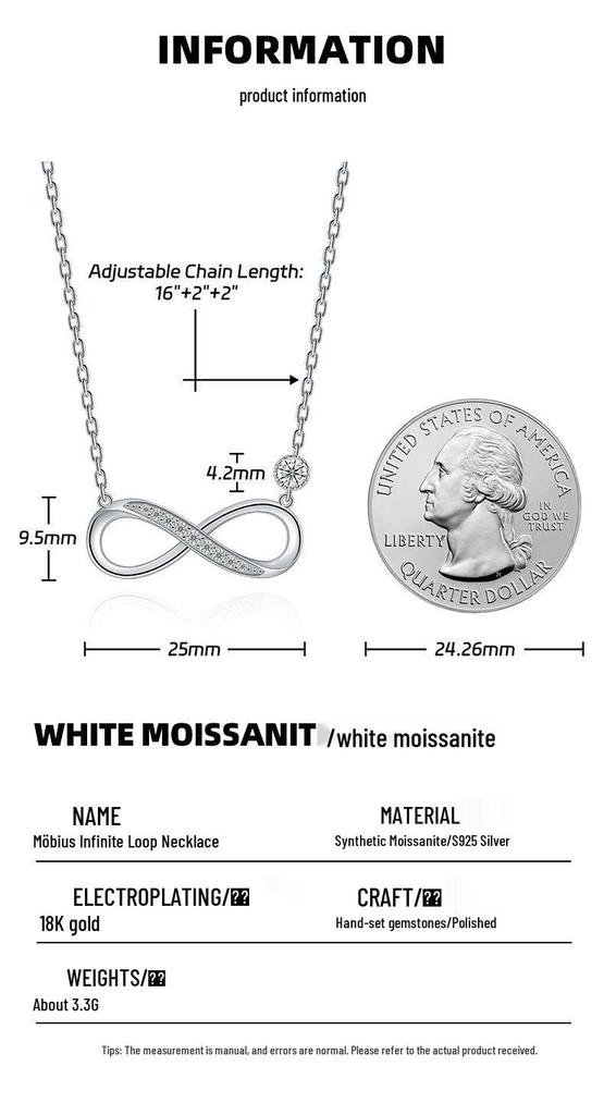 Infinity Symbol Moissanite Necklace, 18K Gold-Plated Sterling Silver Clavicle Chain for Women