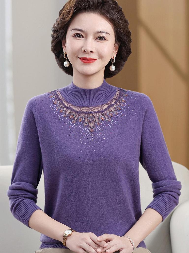 2025 New Style Mid-Neck Pure Wool Sweater with Embroidery for Middle-Aged & Elderly Women – Perfect for Autumn & Winter