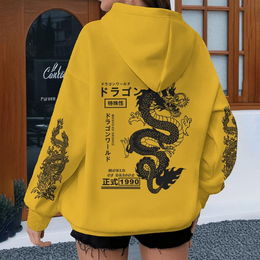 Felpe con cappuccio stampate con drago stile Harajuku, Casual stile giapponese, Sportive, Primavera Autunno, Felpa con cappuccio, Vintage, Unisex
