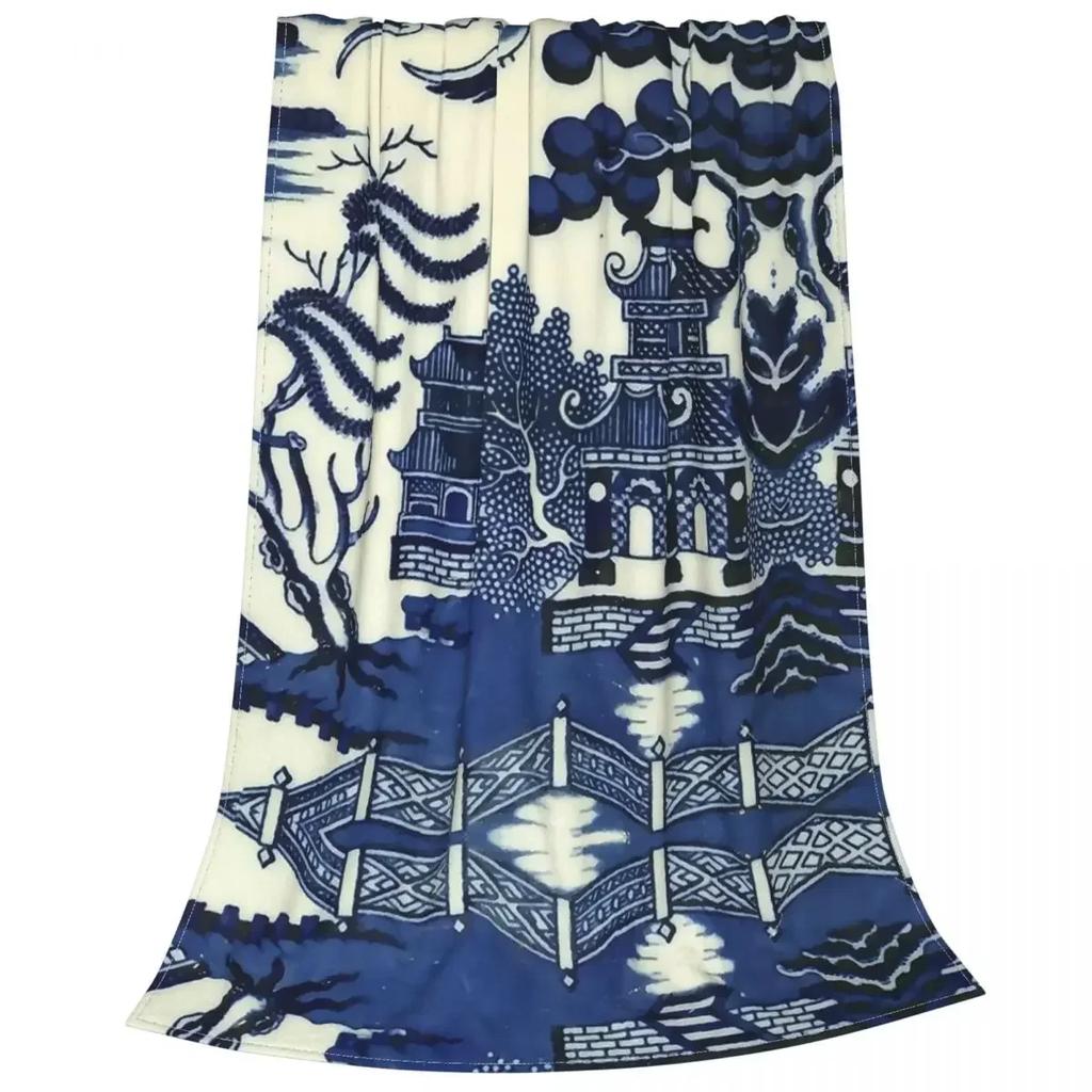 Starožitné Willow Ware Orientální Toile Deky Sametové Jarní Modré Delft Víceúčelové Tenké Přehozy na Postel Auto Koberec Kus