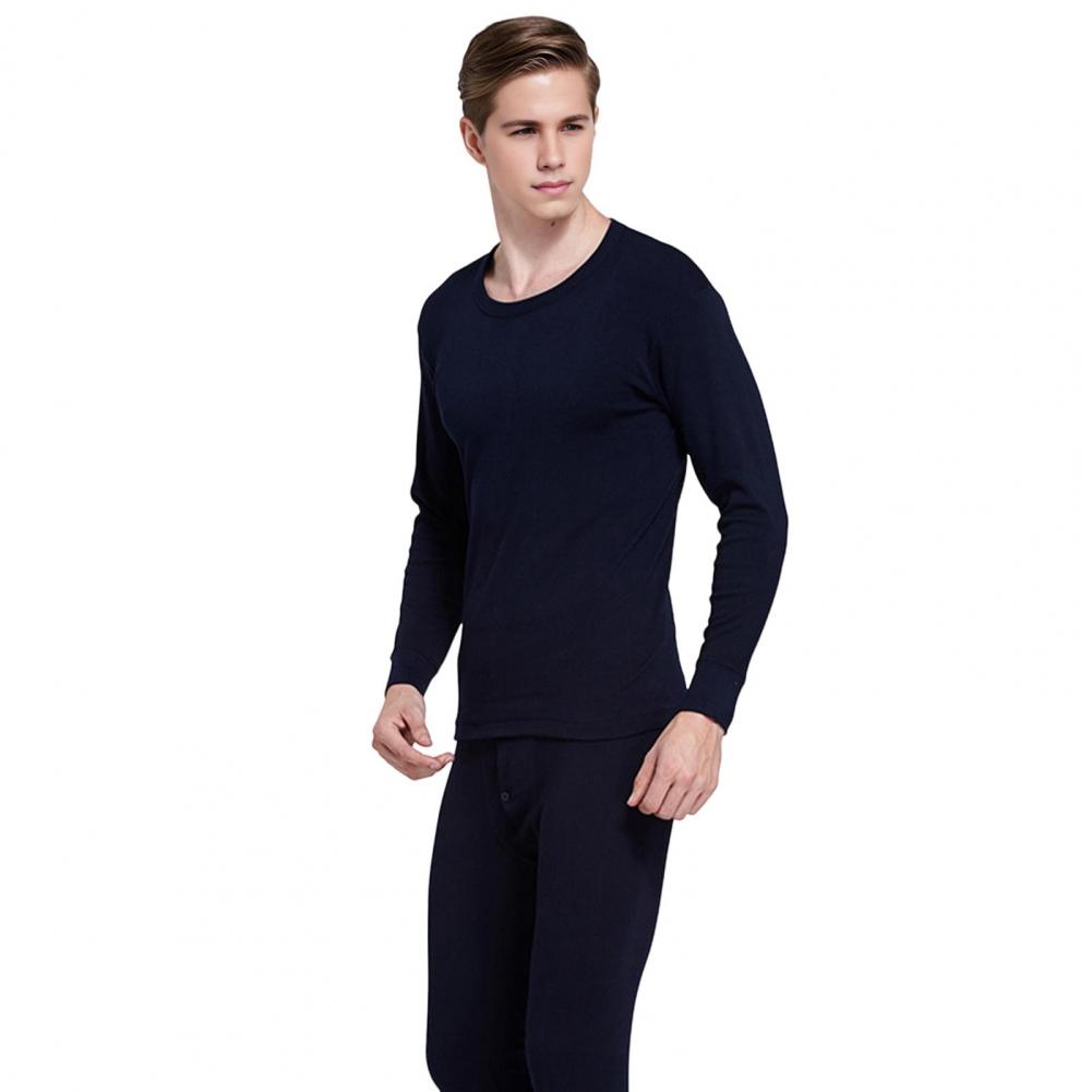 Mens Warm Lounge Kit O-Neck Long Sleeve Tops Elastic Waist Long Pants Monochromatic Thin Pajamas 2Pcs Kit