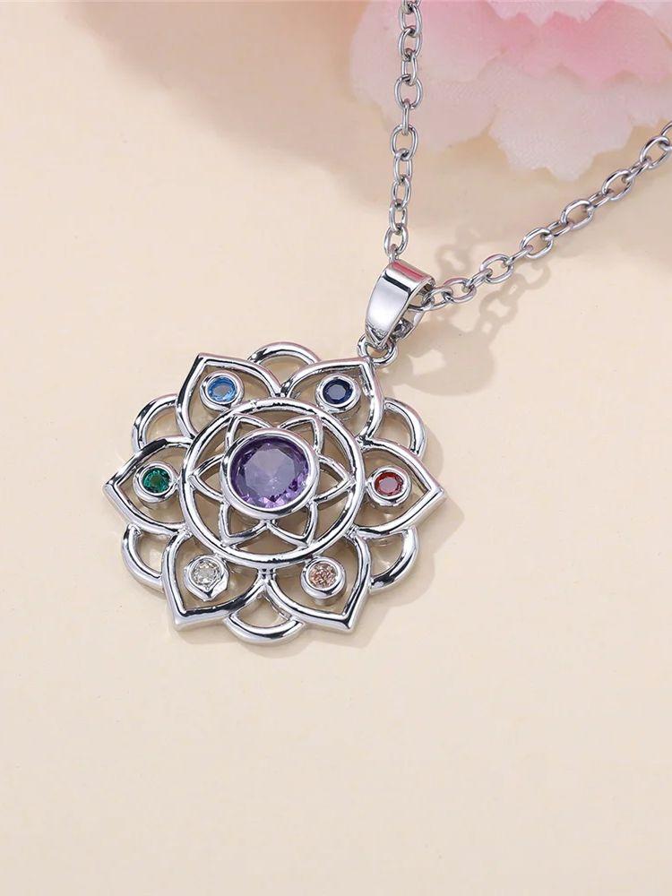 

Female Crystal Rainbow Zircon Stone Round Flower Pendant Necklace Vintage Silver Color Wedding For Women