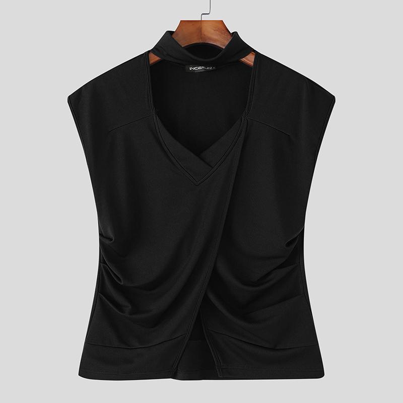 

INCERUN Summer Men Short Sleeve Cutout Front Cross Splits Casual Slim T-shirts 4XL