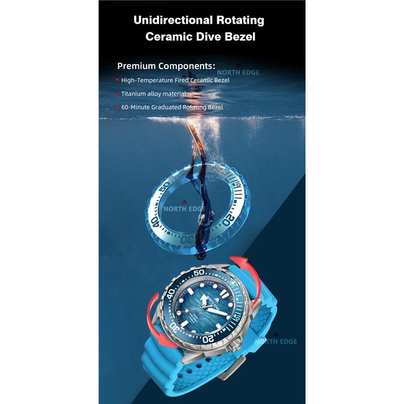 NORTH EDGE TRITON-TI Tytanowa Stal Nierdzewna Zasilany Słońcem Zegarek Nurkowy Luksusowe Zegarki Kwarcowe Dla Mężczyzn Wodoodporność 300M 180 Dni Zasilania