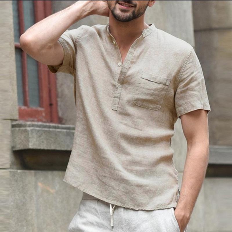 

Pure cotton short-sleeved shirt, summer new stand-up collar cotton and linen short-sleeved men s shirt factory XXXL хакі