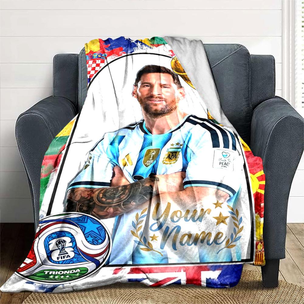 Football Messi Personalized Name Blanket Throw Customizable Blanket Ultra-Soft Perfect for Livingroom Home Decor Office Chair Couch