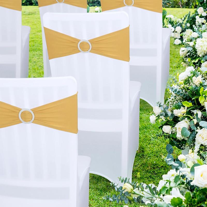 LMETJMA 10 Pcs Spandex Chair Sashes Premium Stretch Bows With Buckle Slider Universal Elastic Bands for Wedding Party Banquet
