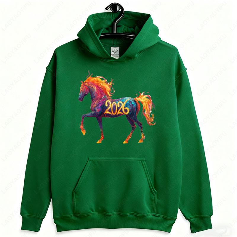 Fiery Horse 2026 Hoodie Vibrant Zodiac Art Gift Drop Shoulder Sweatshirt  Woman Vintage Fashion 2026 New Year Winter Hoodies
