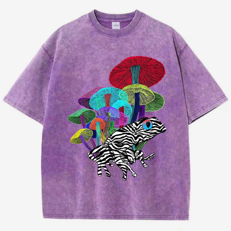 Neon Style Frog With Mushrooms Print Women Washed T-Shirt Loose O-Neck T Shirts Cotton Clothes Vintage Short Sleeves