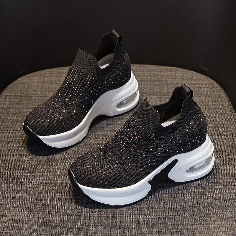 Fashion 8cm Air Mesh Stretch Fabric Sock Knitted Spring Autumn Platform Wedge Ankle Slip on Bling Women Fashion Rhinestone Booties Shoes