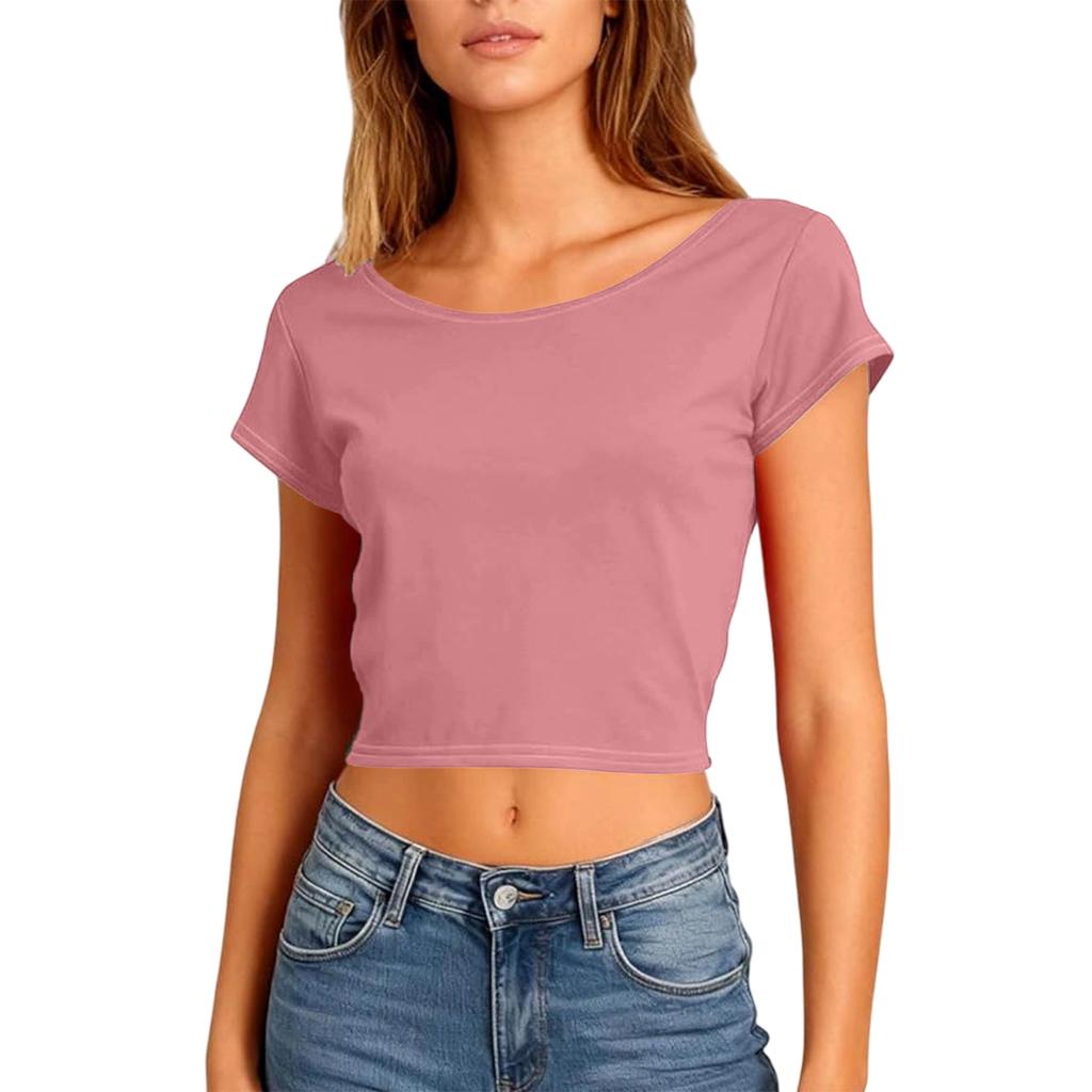 Women Summer Slim Fit Short Sleeve Crop Tops Sexy Backless T-Shirts