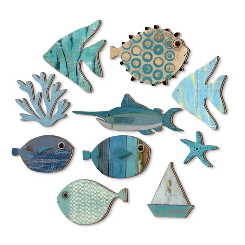 10Pcs/Set Fish Wall Decor Wooden Fish Hanging Beach Theme Bathroom Art Nautical Coastal Ocean Home Decoration