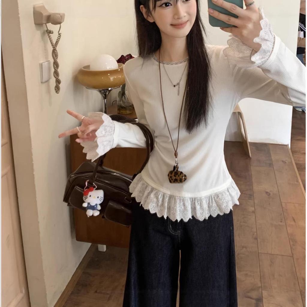 2025 New Arrival Women's White Lace Trim Long-Sleeve T-Shirt, Korean Slim Fit for Spring/Autumn