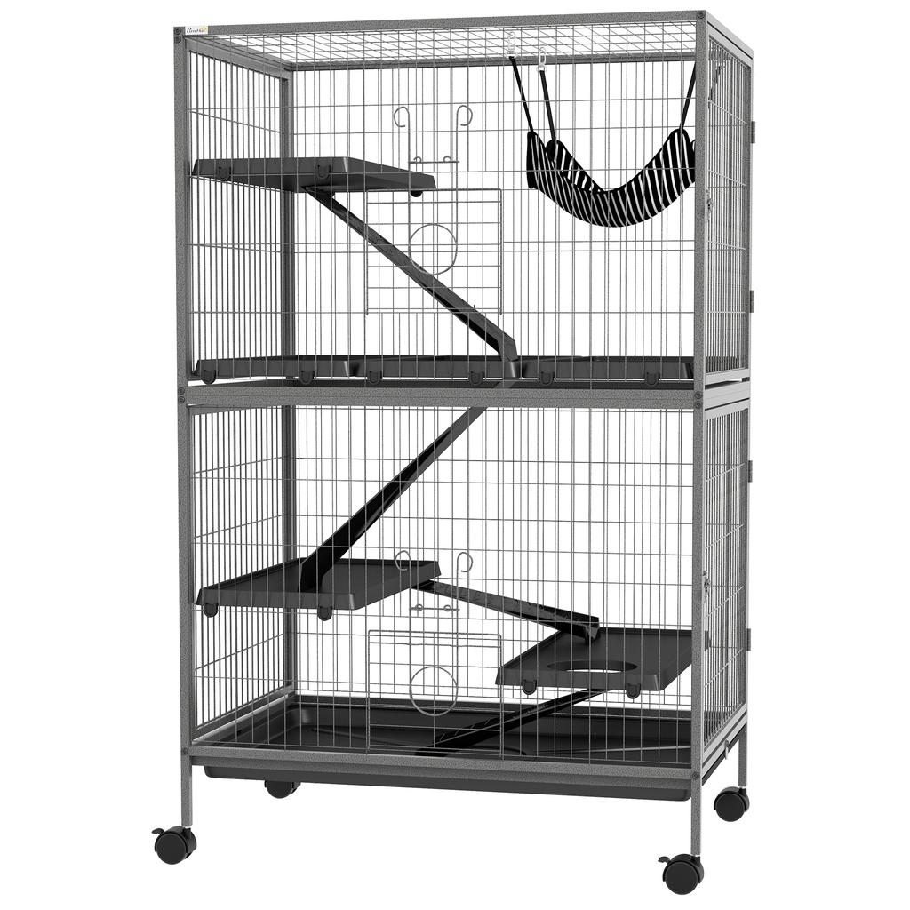 Small Animal Cage for Chinchilla Ferret Kitten On Wheels with Hammock Removable Tray, Grey