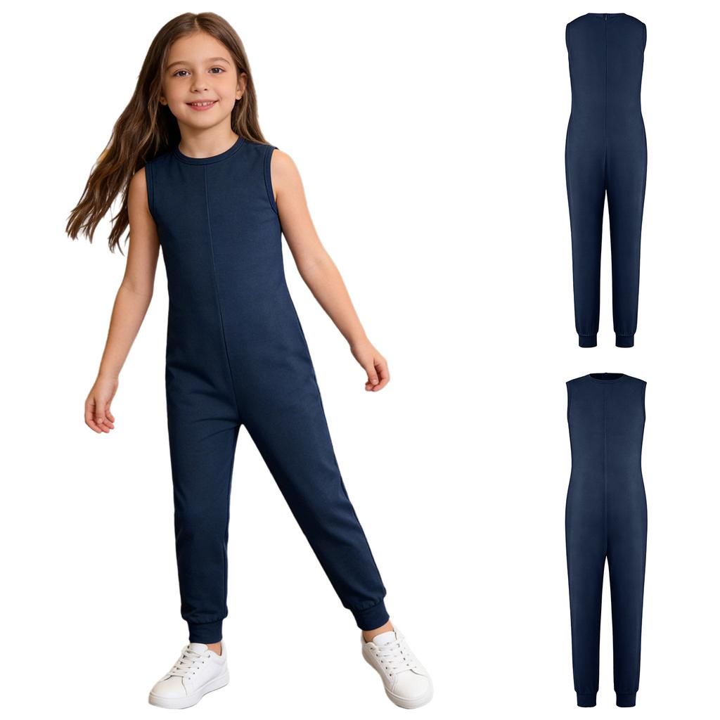 Unisex Kids Adaptive Full Body Jumpsuit Round Neck Sleeveless Solid Color Back Invisible Zipper for Special Needs Care