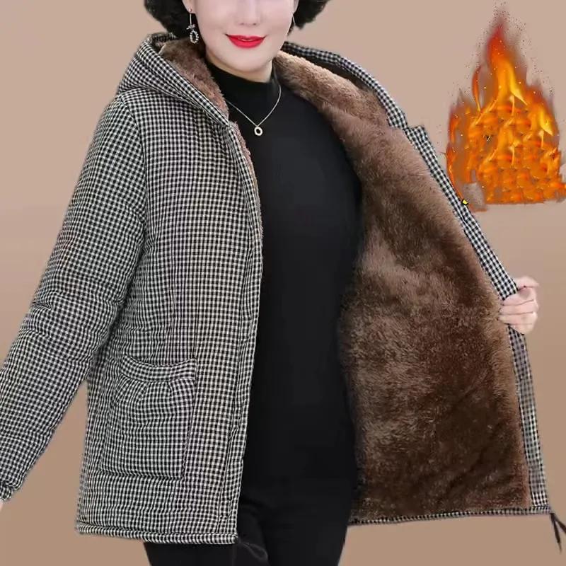 

Женский зимний наряд с плюшевой и толстой паркой для среднего и пожилого возраста с капюшоном и теплой курткой, короткое женское пальто M