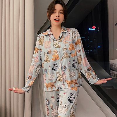 Pijama mujer nuevo primavera y verano lindo gato seda de hielo traje de manga larga traje de seda para estar en casa