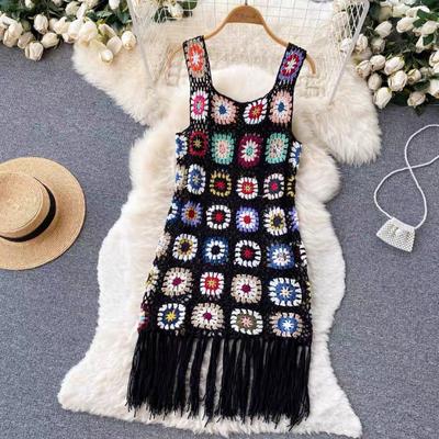 Damen Sommer Halfter Kurzes Kleid Häkeln Hohl Quaste Weste Kleid Kleines Lose Strickkleid
