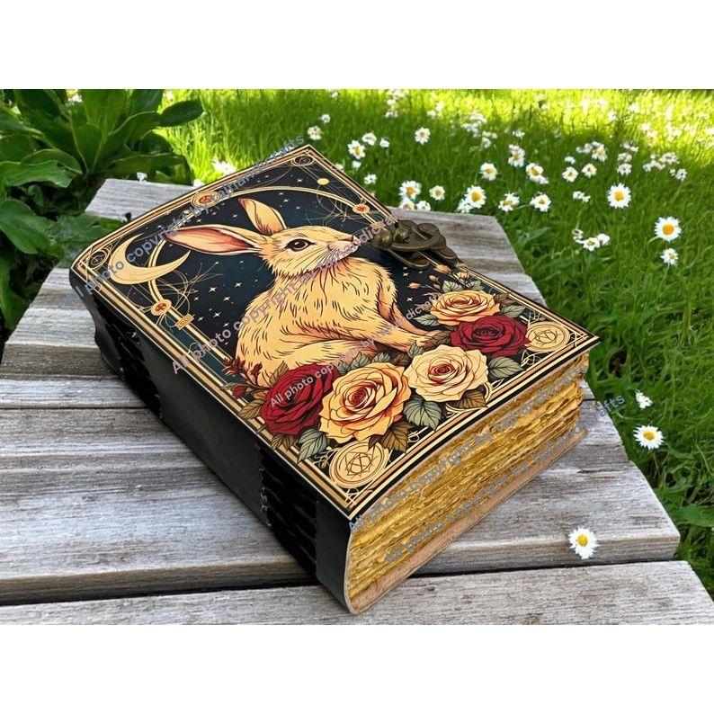 Easter Bunny Rabbit Vintage Handmade Leather Journal, Grimoire Fat Journal Blank Spell Book of Shadows Christmas Gift Him Her