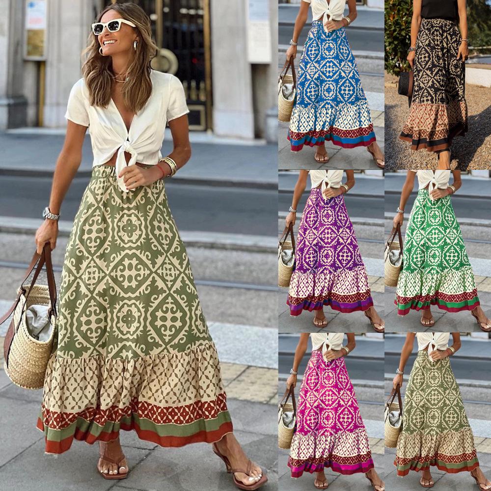 2024 Summer Women's European & American Loose Patchwork Print Maxi Skirt