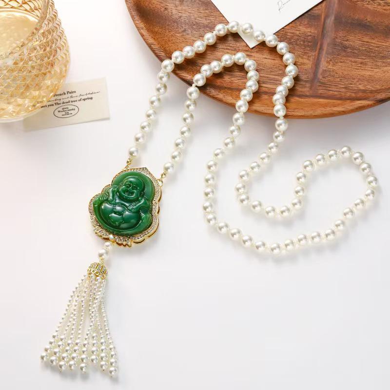 New Luxury Oval Cat's Eye Stone Pearl Sweater Necklace Pendant