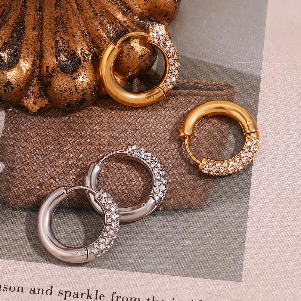 MamacitaSlay Classic Diameter 20mm Half Inlaid Zircon Gold Silver Color Hoops Women Stainless Steel Earrings Jewellery Women