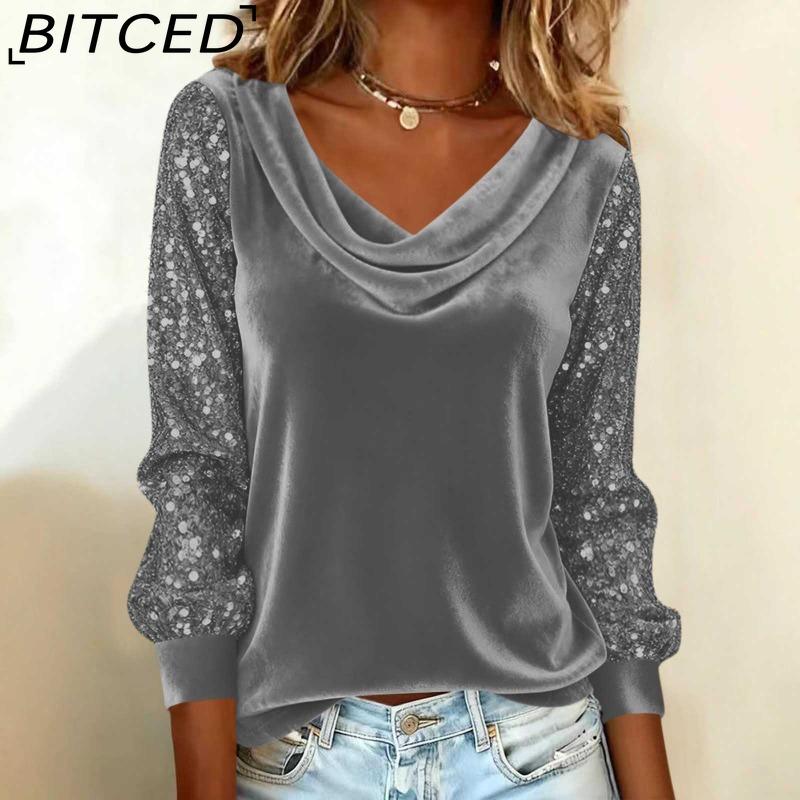 BITCED Fashion Women's Velvet Sequined Patchwork Long-Sleeved T-Shirt Top