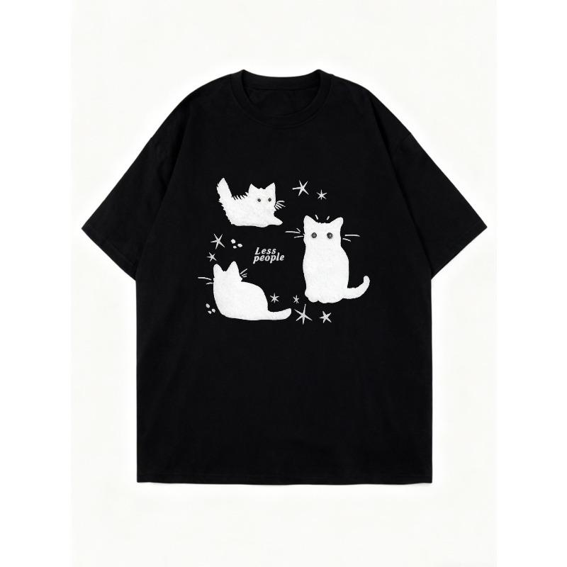 Oversized T Shirt Black Cats And Stars Print For Casual Wear