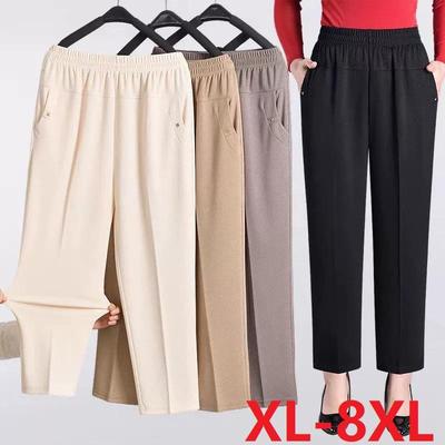 8XL Women Summer Pants Elastic High Waist Casual Ninth Pants Middle-aged Elderly Female Straight Mom Pants