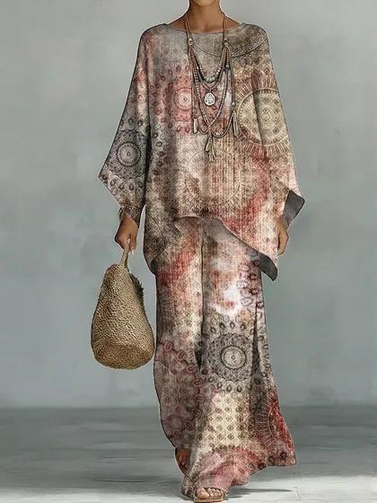 Y116 Summer Bohemian Paisley Printed Two-piece Set Large Size Casual Set