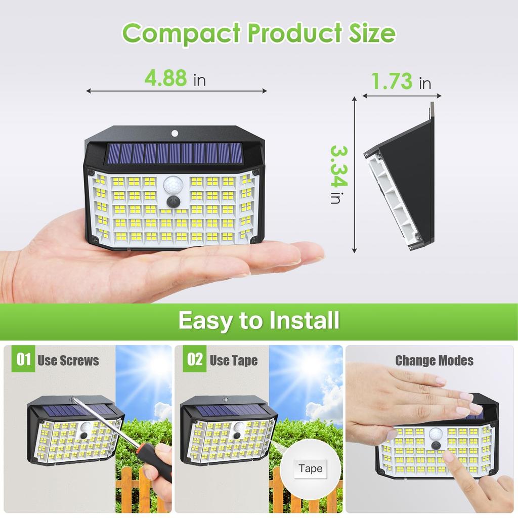 Solar Lights Outdoor,176 LED Super Bright Motion Sensor Lights Waterproof Security Light for Fence Yard Door Patio Garage Step