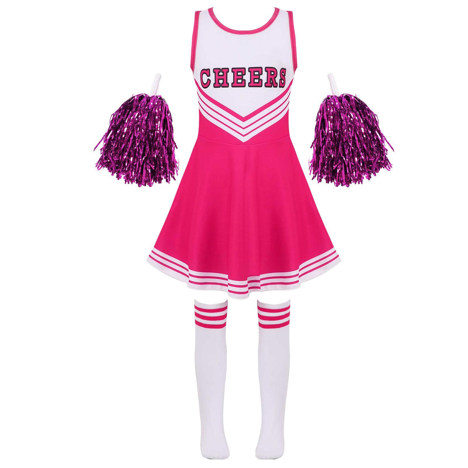 

Kids Performance Outfit Sleeveless Round Neck Cheer Dress Patchwork Style Letter Design with Cheer Flower Socks 5-6 Years