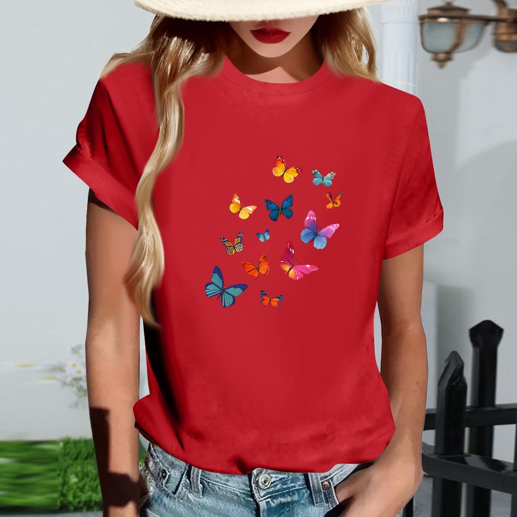 Women's Fashionable Round Neck Casual Retro Print Short Sleeved T-shirt Top