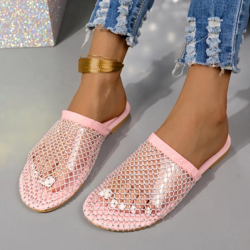 Women Flat Slippers 2024 New Summer Casual Beach Mesh Breathable Low Heels Sandals Ladies Slippers Slides