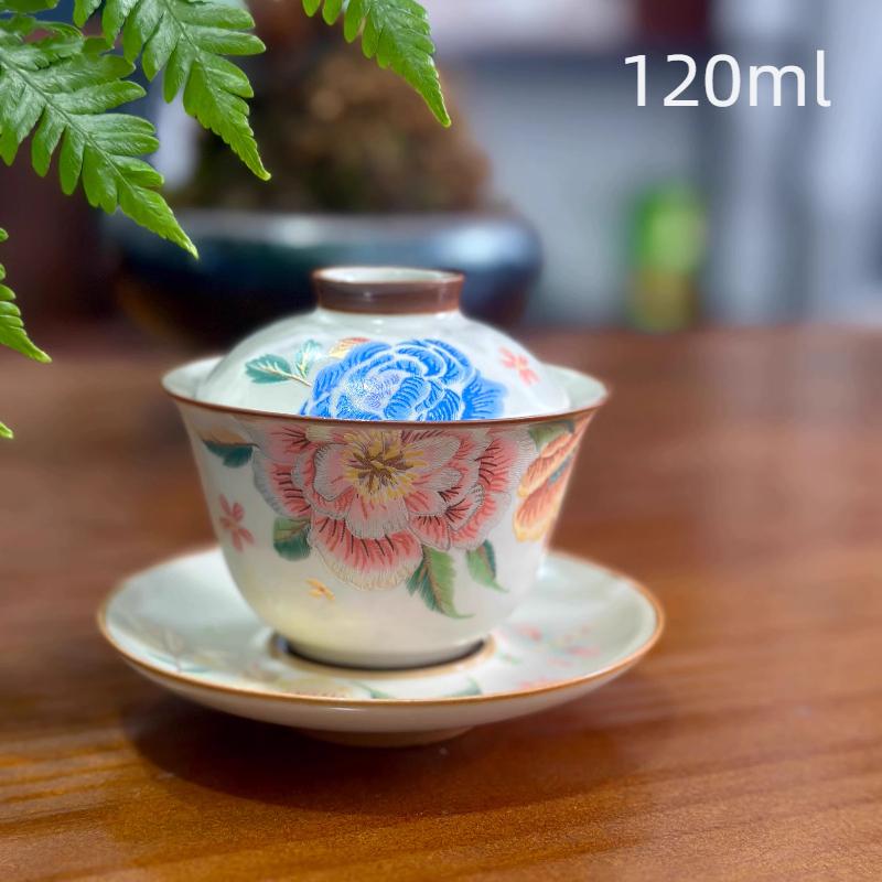 Chaozhou Embroidered Peony Teapot Chinese High-end Kung Fu Tea Set Household Lid Bowl Master's Tea Cup Tea Pot Underglaze Color