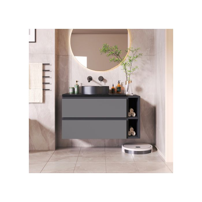 Meuble sous-vasque suspendu de 80 cm de large,avec vasque en céramique,avec tiroirs,design moderne,noir-gris